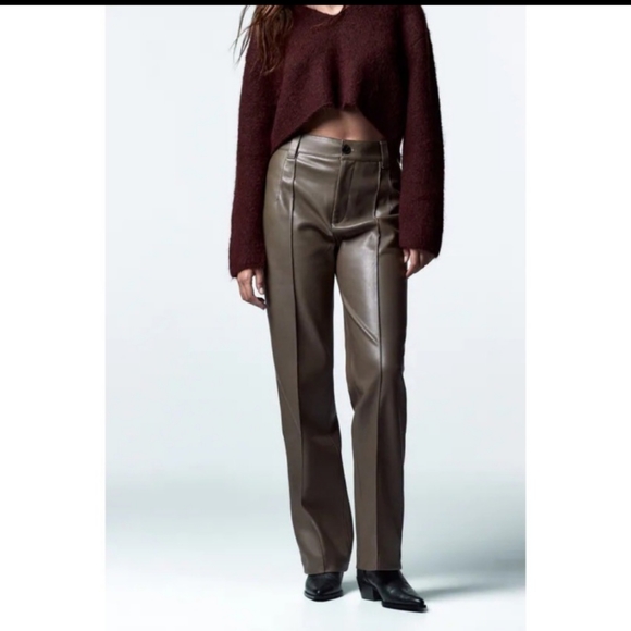 Zara | Pants u0026 Jumpsuits | Nwt Zara Full Length Faux Leather Francoise Pants  Size Xs Color Dark Olive Green | Poshmark